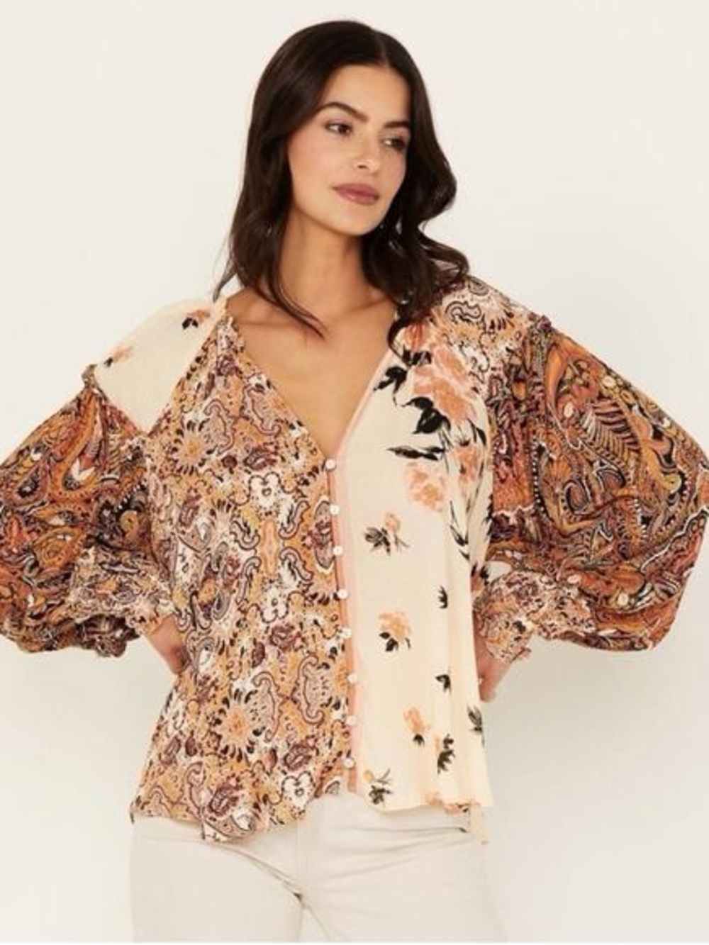 Free People Gemini Boho Mixed-Print Button Front Blouse Size S